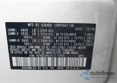 2019 Subaru Outback 3.6R Limited z USA, uszkodzony, nr VIN 4S4BSENC4K3278965